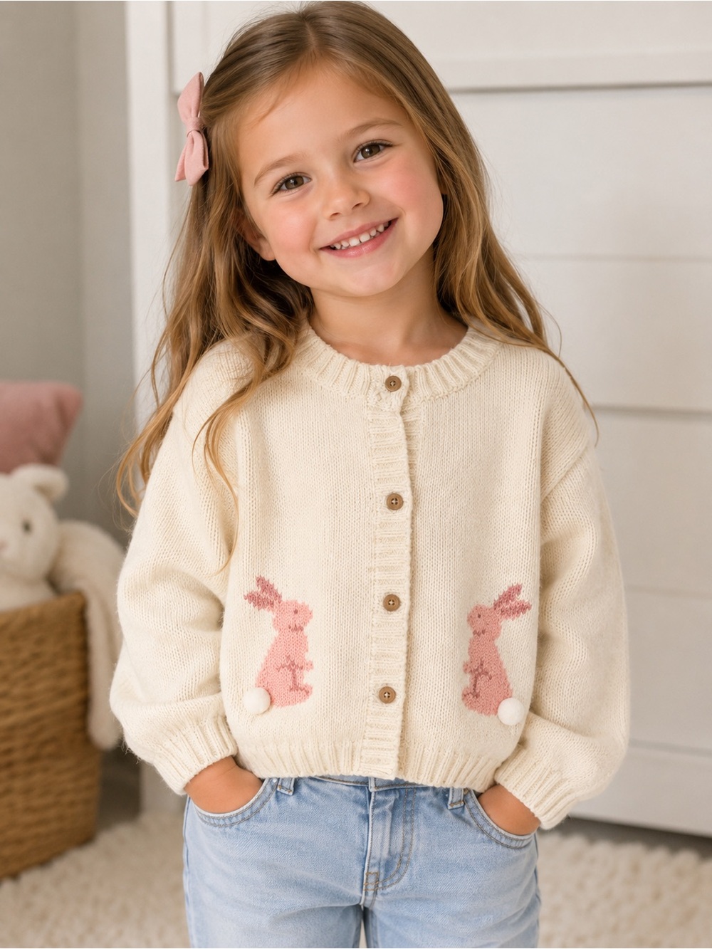 Pink Chicken Cream Knit Cardigan with Pink Bunny Motifs